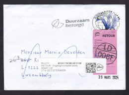 Netherlands: Cover To Luxembourg, 2024, 1 Odd-shaped Stamp, Flower, Returned, 2x Retour Label, Cancel (minor Damage) - Lettres & Documents