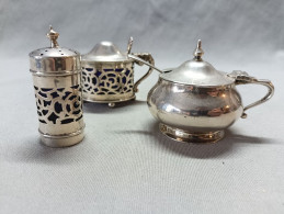 3 Antique Hallmarked Solid Silver Blue Glass Lined Condiment Jar And Shakers, Each Lined With Blue Glass - Art Nouveau / Art Deco