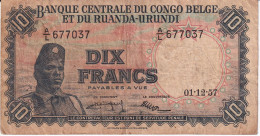 BILLETE DE EL CONGO BELGA DE 10 FRANCS DEL AÑO 1957 (BANKNOTE) - República Democrática Del Congo & Zaire