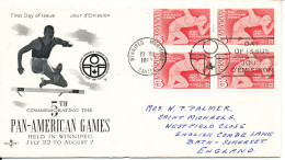 Canada FDC 19-7-1967 In Block Of 4 Pan American Games With Cachet And Sent To England - 1961-1970