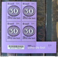 C 4108 Brazil Stamp 180 Years Bulls Eye 30 Reis 2023 Block Of 4 Bar Code - Unused Stamps