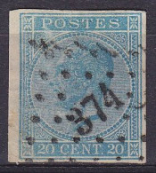 Belgique - N°18 Non-dentelé ! 20c Bleu Léopold I Lpts "374" VERVIERS - 1865-1866 Profil Gauche