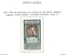 1932 COLONIE ITALIANE, Pro Società Dante Alighieri 100 Lire,Posta Aerea N. 14 MNH/** - Emisiones Generales