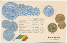 ** T1 Rumänien - Münzenkarte / Románia - érmék és Zászló. Dombornyomott / Romanian Coins And Flag. M.H. Berlin-Schbg. Em - Non Classés