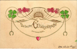 T2/T3 Die Besten Glückwünsche Zum Neuen Jahre / New Year Greeting With Flowers, Clovers, Hoershoe. Art Nouveau Emb. (fl) - Unclassified