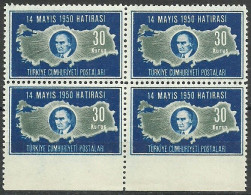 Turkey; 1950 General Elections 30 K. ERROR "Imperf. Edge" (Block Of 4) - Neufs