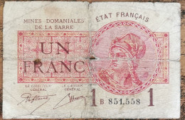 Billet De 1 Franc MINES DOMANIALES DE LA SARRE état Français B 851558  Cf Photos - 1947 Saarland
