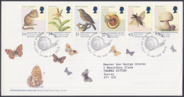 GB Great Britain 1998 FDC Endangered Species, Butterfly, Insects, Birds, Mushroom, Pictorial Postmark, First Day Cover - Brieven En Documenten