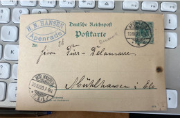 Entier Postal Danemark Danmark  Apenrade - Mulhouse 1893 H.N.Hansen - Entiers Postaux