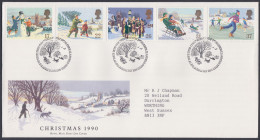 GB Great Britain 1990 FDC Christmas, Christianity, Sledding, Snow Religion, Snowman, Pictorial Postmark, First Day Cover - Brieven En Documenten