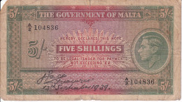 BILLETE DE MALTA DE 5 SHILLINGS DEL AÑO 1939 (BANKNOTE) - Malta
