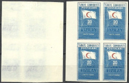 Turkey; 1952 75th Year Of The Turkish Red Crescent Society 20 K. ERROR "Abklatsch & Imperf. Block Of 4" - Neufs