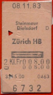 08/11/83 , STEINMAUR , DIELSDORF - ZÜRICH , TICKET DE FERROCARRIL , TREN , TRAIN , RAILWAYS - Europa