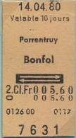 14/04/80 , PORRENTRUY - BONFOL  , TICKET DE FERROCARRIL , TREN , TRAIN , RAILWAYS - Europa