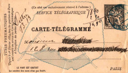 *PARIS Carte Télégramme Entier Pneumatique Chaplain 30c Noir Yv 1883 - Pneumatici