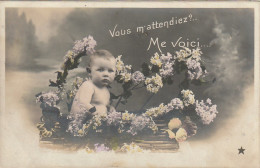 DE 1 - " VOUS M'ATTENDIEZ ?  ME VOICI.. "  -   BEBE DANS CORBEILLE DE FLEURS  - 2 SCANS - Naissance