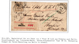 Norddeutscher Bund Paketbegleitbrief Oldesloe - Berlin, Aufgabezettel #IB967 - Lettres & Documents