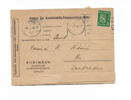 Tax & National Pension Payment Ticket 1948 Posted In Riihimäki Finland - Covers & Documents