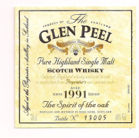 Etiquette GLEN PEEL: Pure Highland Single Malt  - 1991  - Scotch Wisky " The  Spirit Of The Oak " - - Whisky