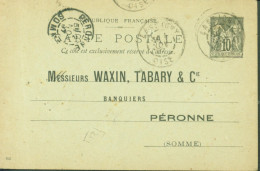 Carte Postale Privée Entier Sage 10c Noir Waxin Tabary & Cie Banquiers Péronne 140x90 Date 652 Lassigny 1897 - Cartes Postales Repiquages (avant 1995)