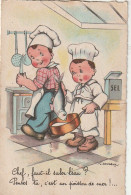 SO 4- " CHEF , FAUT IL SALER L' EAU ? " - COMMIS DE CUISINE AVEC POISSON - ILLUSTRATEUR  GOUGEON - 2 SCANS - Gougeon