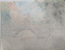 Belgique Bruges Brugg Dessin Original Pont Sur Canal Crayon Et Aquarelle - Dessins
