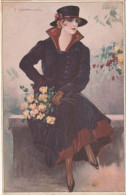 VE 12- FEMME ELEGANTE CHAPEAUTEE AVEC BOUQUET DE ROSES  - ILLUSTRATEUR CORBELLA - 2 SCANS - Corbella, T.