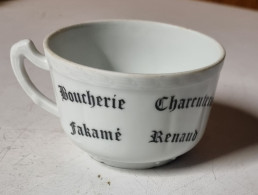 Tasse Publicitaire En Porcelaine Blanche Fleurie Vintage - Tasses