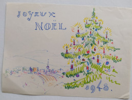 Dessin Aux Crayons De Couleur Joyeux Noel 1948 Sapin Village  De Jean Muller Strasbourg - Tekeningen