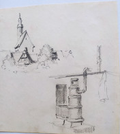 Dessin Au Crayon Eglise Maison Alsacienne Non Localisés Et Poele Ancien  De Jean Muller Strasbourg - Tekeningen