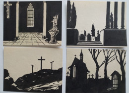 Lot Quatre Dessins A L'encre Contre-jour Religion Eglise Cimetiere Chapelle Golgotha De Mack - Dessins