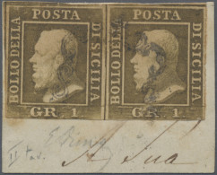 Italian States - Sicily: 1859, 1 Gr Brown (olive), Horizontal Pair On Small Piec - Sicile