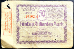 Billet 1923 Banknote Kreisgemeinde Speyer, Pfalz, 50 Milliarden Mark, 50 Milliards Mark, 4286.d, - Ohne Zuordnung