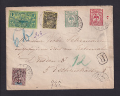 1909 - Mischfrankatur Mit 5 C. Überdruck Auf Einschreibbrief Ab Noumea Nach Dresden - Storia Postale