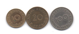 FRANCE-  SARRE -  1954/1955 - Lot De 3 Pièces - ( 10 - 20 Et 100 Francs )  Bon état - Otros & Sin Clasificación
