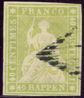 SUISSE - SBK 26Aa  40 RAPPEN VERT JAUNE PALE HELVETIA ASSISE - OBLITERE - SIGNE FULPIUS - CERTIFICAT SCHELLER - Gebruikt