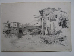 Dessin Ancien (1867) Au Crayon Paysage Maisons Anciennes (provencales ?)  Pont Riviere Signée Fred Posth - Dessins