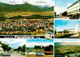 73672511 Penzberg Panorama Mit Karwendelgebirge Hotel Olympia Kirche Kindergarte - Penzberg