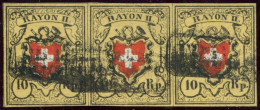 SUISSE - SBK 16 II  10 RAPPEN CROIX NON ENCADREE - BANDE DE 3 - POSITIONS 25 A 27 - OBLITEREE - 1843-1852 Federal & Cantonal Stamps