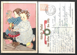 Entire Christmas Postcard. Young People Playing With Dolls. Happy Holidays And Happy Year 1942. Obliteration Of Tomar - Dolls