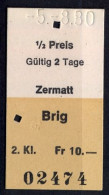 05/08/80 , ZERMATT - BRIG , TICKET DE FERROCARRIL , TREN , TRAIN , RAILWAYS - Europa