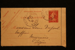 FRANCE CARTE LETTRE TYPE SEMEUSE FOND PLEIN DE VALLERAUGUE (GARD) POUR MEYRUEIS (LOZERE) DU 07.09.1910 - Kartenbriefe