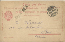 SUISSE  CARTE 10c  MARQUE LINEAIRE BEX + AMBULANT N° 2 POUR PARIS  DE 1902 LETTRE COVER - Covers & Documents