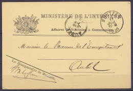 EP CP "Ministère De Intérieur" En Franchise Càd MONTZEN /11 JUIL 1890 Pour AUBEL - Càd Arrivée AUBEL - 1869-1888 Lion Couché (Liegender Löwe)