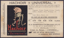 Carte Publicitaire "Hacoir Univresal" (thème Boucherie, Cochon) Imprimé Affr. PREO 1c Pellens Surch. [BRUSSEL /14/ BRUXE - Typografisch 1912-14 (Cijfer-leeuw)
