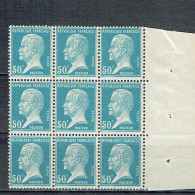 176 Pasteur 50 C. Bleu  Bloc De 9 Bord De Feuille Avec Piquots D'entrainement Luxe - 1922-26 Pasteur