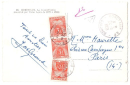 BORDEAUX Gironde Carte Postale - De 5 Mots NON AFFRANCHIE Ob 24 6 1953 Dest Paris Taxe 16 F Gerbes 3 F 10 F Yv 83 86 - 1859-1959 Covers & Documents