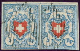 SUISSE - SBK 17II  5 RAPPEN BLEU CROIX NON ENCADREE PAIRE POSITION 5 ET 6 - OBLITEREE - 1843-1852 Kantonalmarken Und Bundesmarken