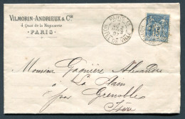 RC 27590 FRANCE 1897 SAGE PERFORÉ " VAC " VILMORIN ANDRIEUX &Cie SUR LETTRE DE PARIS 13 HOTEL DE VILLE POUR GRENOBLE - Covers & Documents