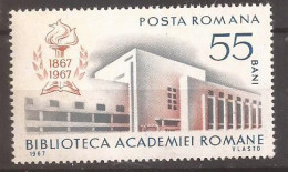 LP 656 Romania -1967- CENTENARUL BIBLIOTECII ACADEMIEI ROMANE, N2 Nestampilat - Andere & Zonder Classificatie